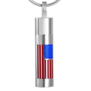 Cylindrical necklace pendant cremation urn with American flag