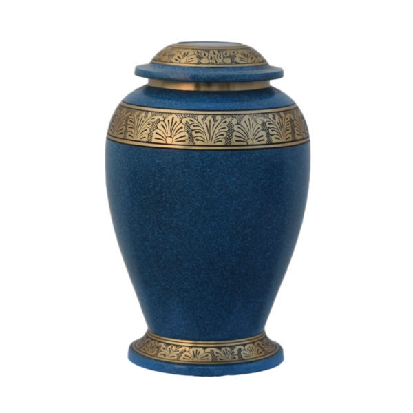 Blue cremation urn with gold accents