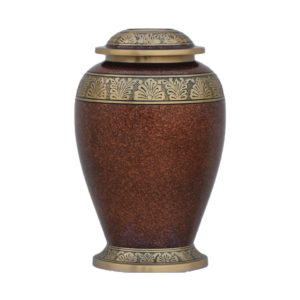 Brown cremation urn with gold accents