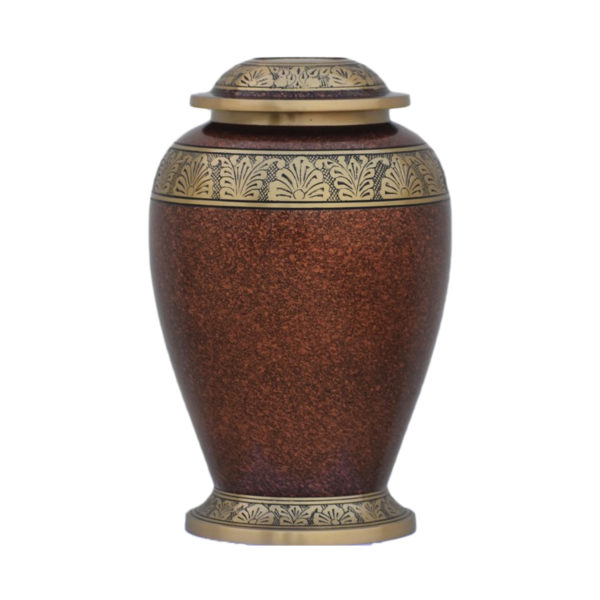 Brown cremation urn with gold accents