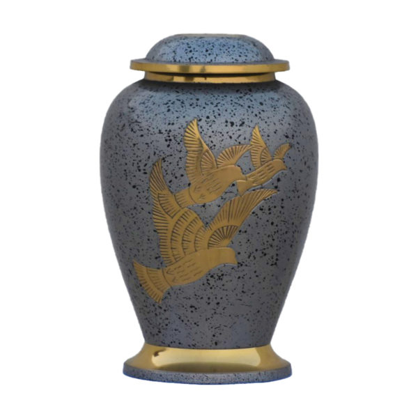 Blue speckled cremation urn with three gold doves