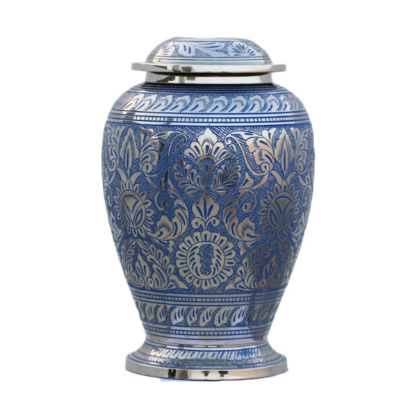 Blue and silver ornate cremation urn