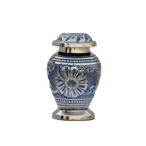 Blue and silver ornate keepsake cremation urn