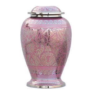 Pink and silver ornate cremation urn