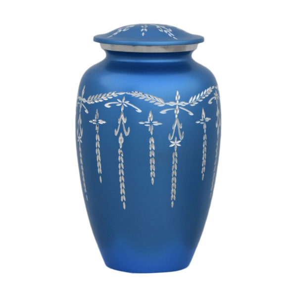 Blue cremation urn with silver designs