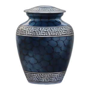 Blue cremation urn with silver accents