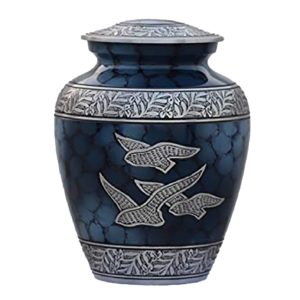 Blue cremation urn with doves and silver accents