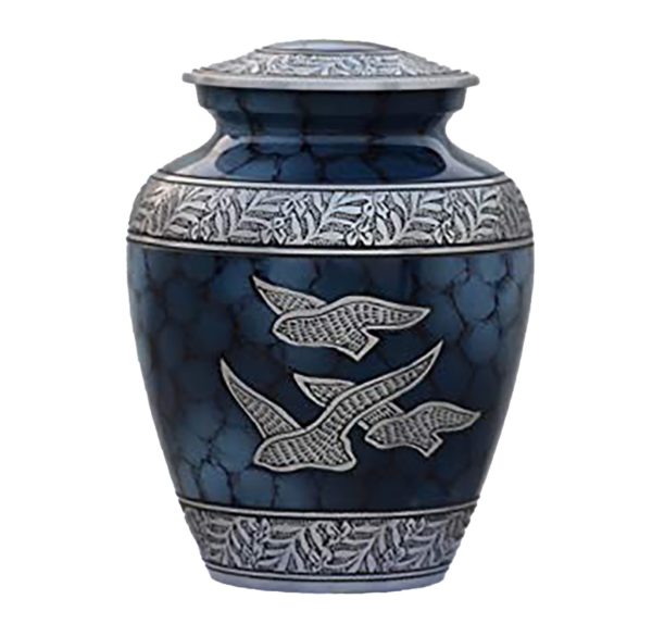 Blue cremation urn with doves and silver accents