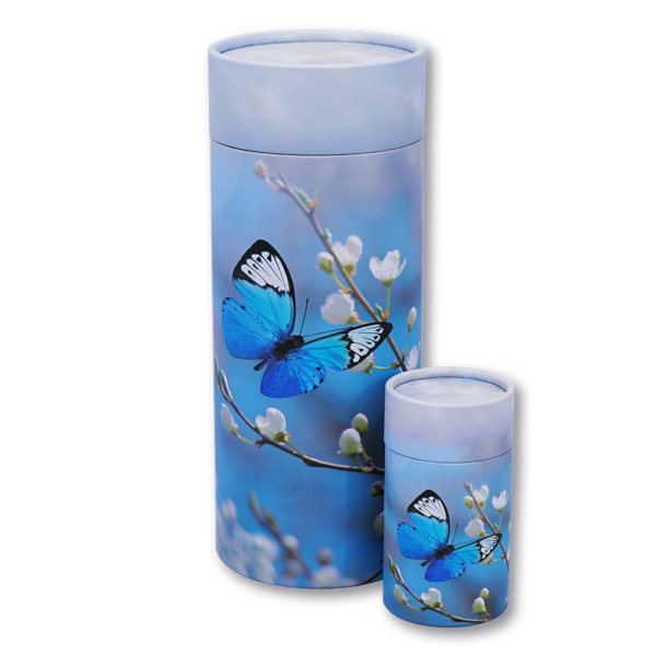 Blue butterfly cylindrical cremation urn