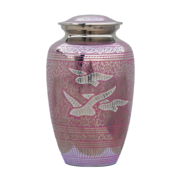 Pink and silver ornate cremation urn with doves