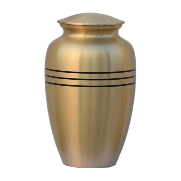 Gold cremation urn with with black stripes