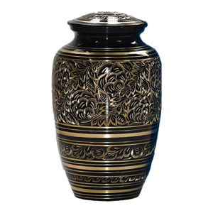 Black cremation urn with gold leaf pattern