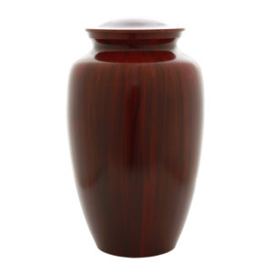 Aluminum cremation urn painted to look like wood