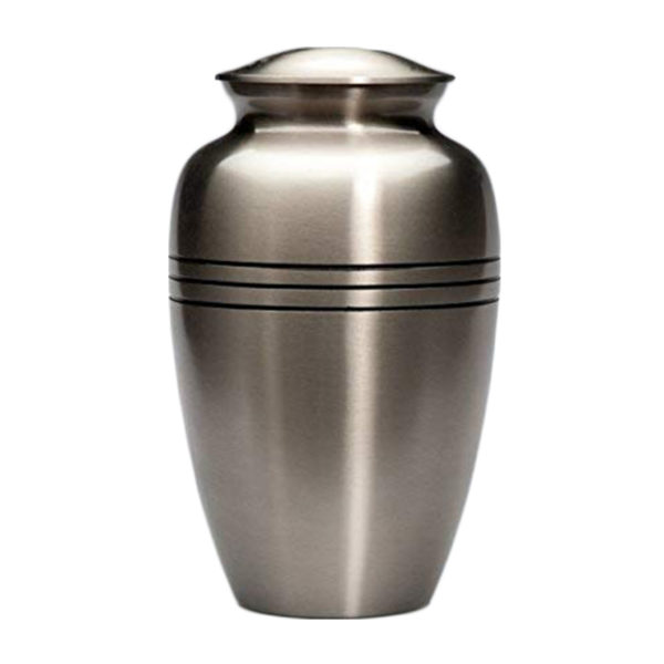 Silver cremation urn with three black stripes