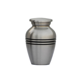 Silver keepsake cremation urn with three black stripes