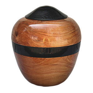 Cherry wood cremation urn with black stripe and lid