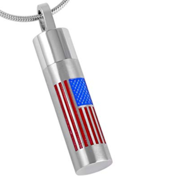 Cylindrical necklace pendant cremation urn with American flag