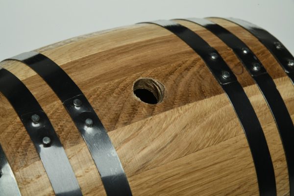 Close up view of wine barrel cremation urn