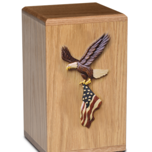 Wooden cremation urn with eagle holding American flag