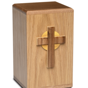 Wooden cremation urn with cross