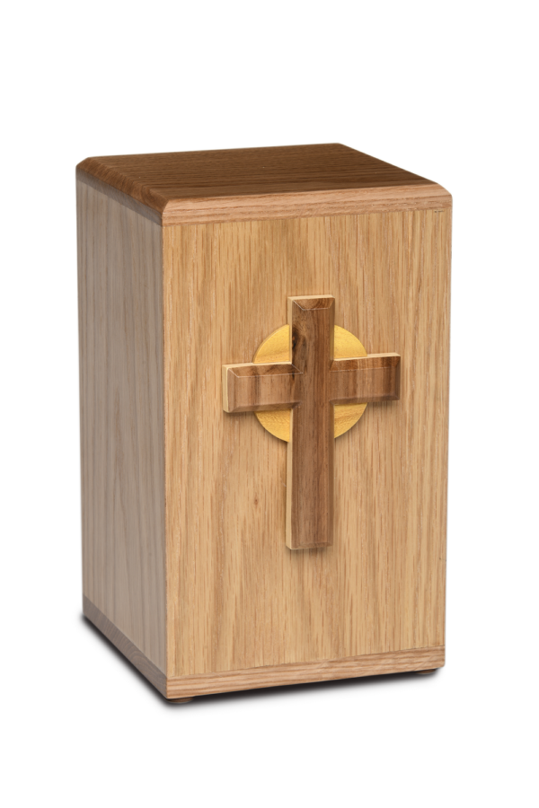 Wooden cremation urn with cross