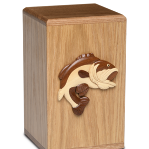 Wooden cremation urn with fish