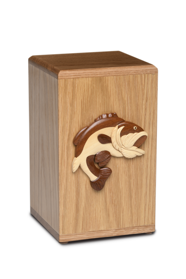 Wooden cremation urn with fish