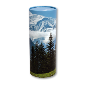 Trees and mountain view cylindrical cremation urn