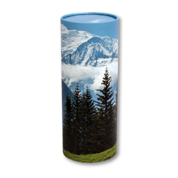 Trees and mountain view cylindrical cremation urn