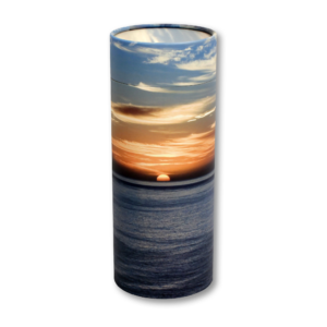 Ocean sunset cylindrical cremation urn