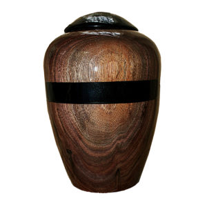 Dark walnut wood cremation urn with black stripe