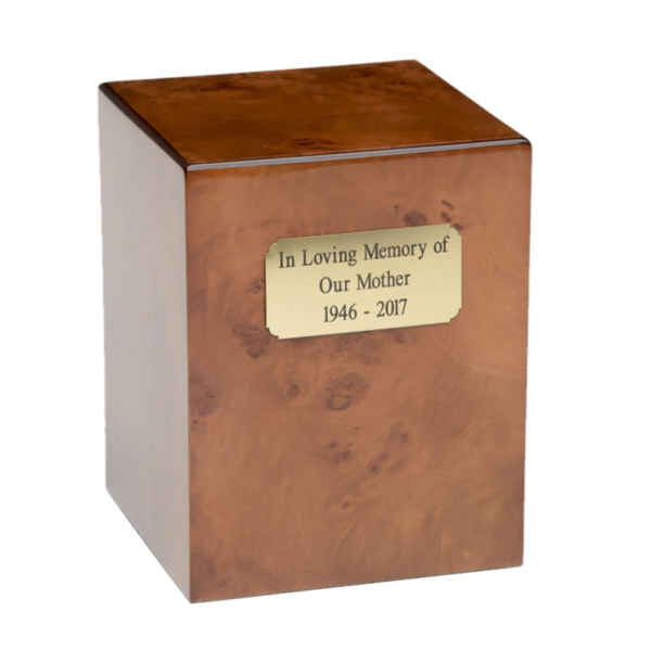 Burlwood square cremation urn with engraving