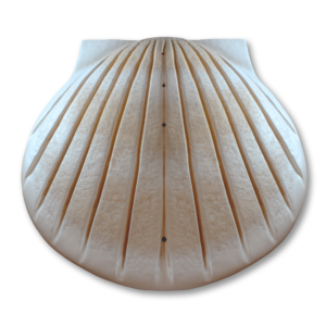 Tan and white shell-shaped water cremation urn