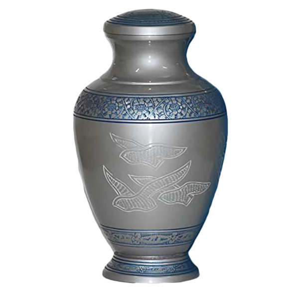 Silver cremation urn with doves and blue accents