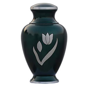 Green cremation urn with tulip design