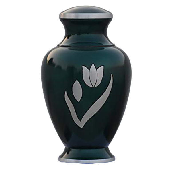 Green cremation urn with tulip design